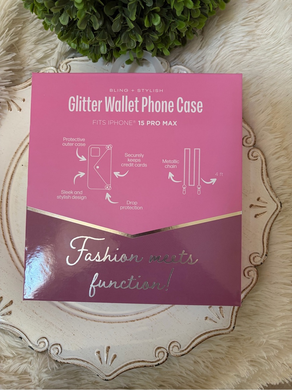 bebe Pink Glitter Wallet Phone Case with Gold Chain - Fits iPhone 15 Pro Max - Picture 4 of 6